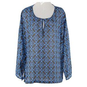 Old Navy Sz L Black Royal Blue 100% Polyester Sheer Chiffon Blouse Top